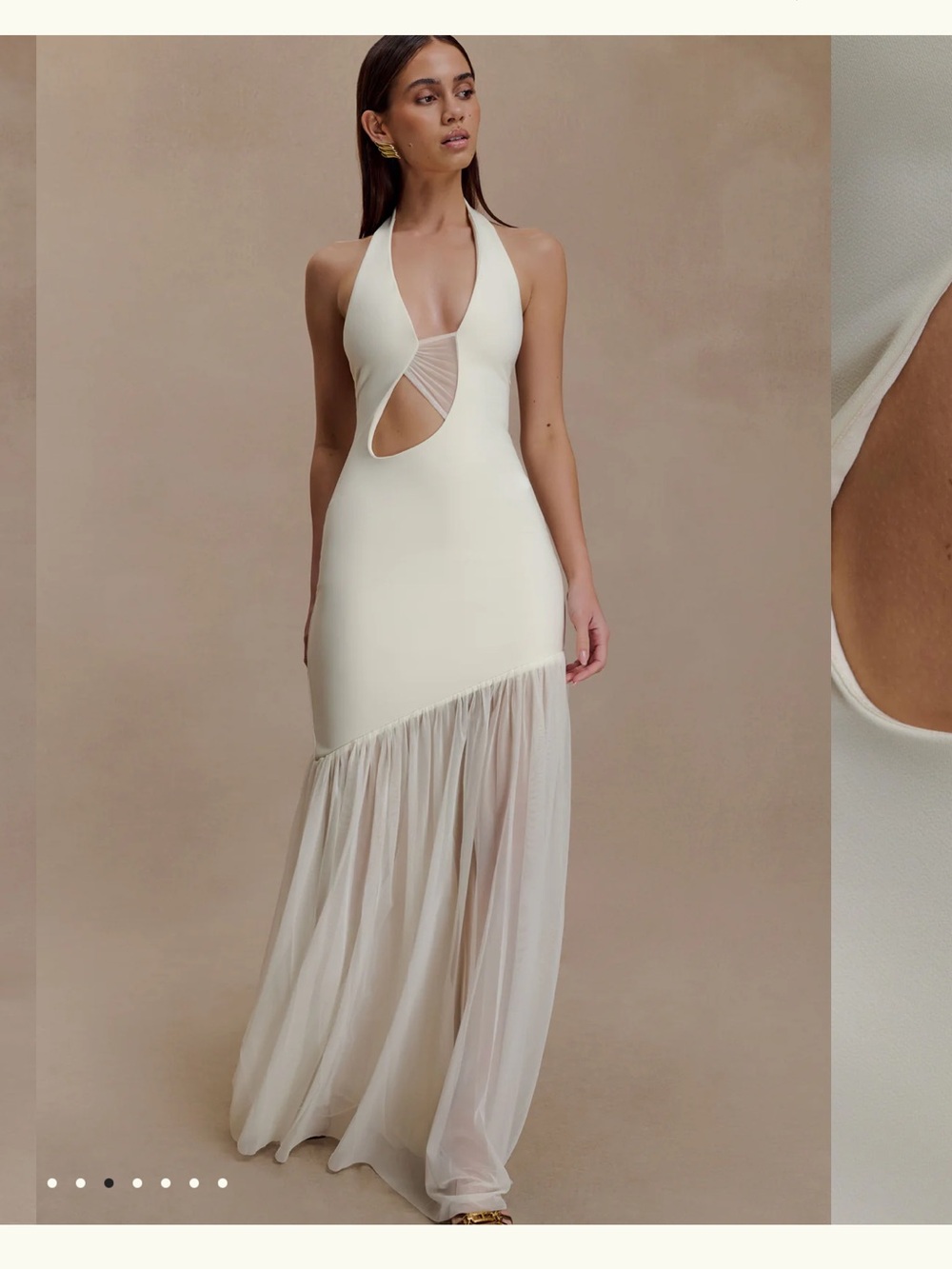 NWT Meshki Ivory Asymmetrical Halter Maxi Dress with Sheer Skirt
